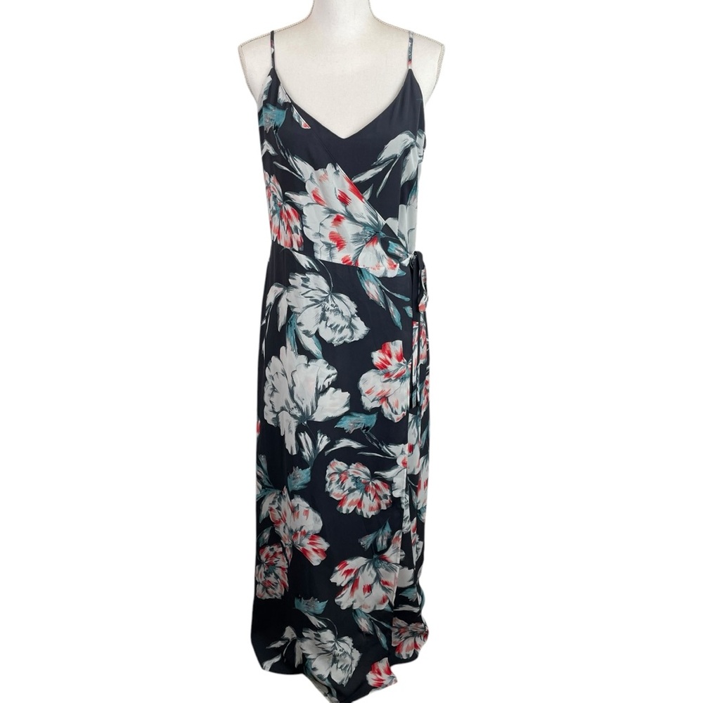 1.State | Gray White Pink Floral Hibiscus Faux Wrap Maxi Dress